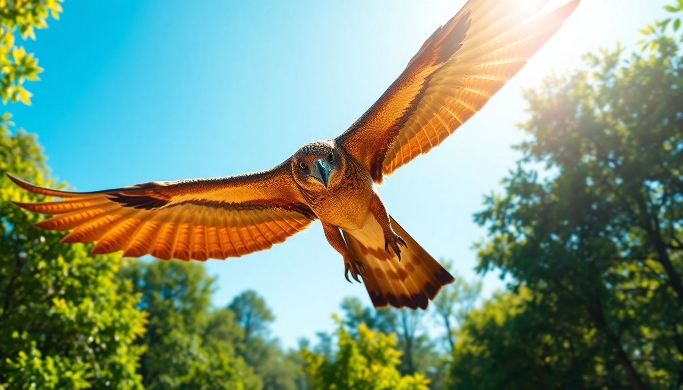 Raptor bird majestically soaring in a bright landscape, showcasing its powerful wings and talons.