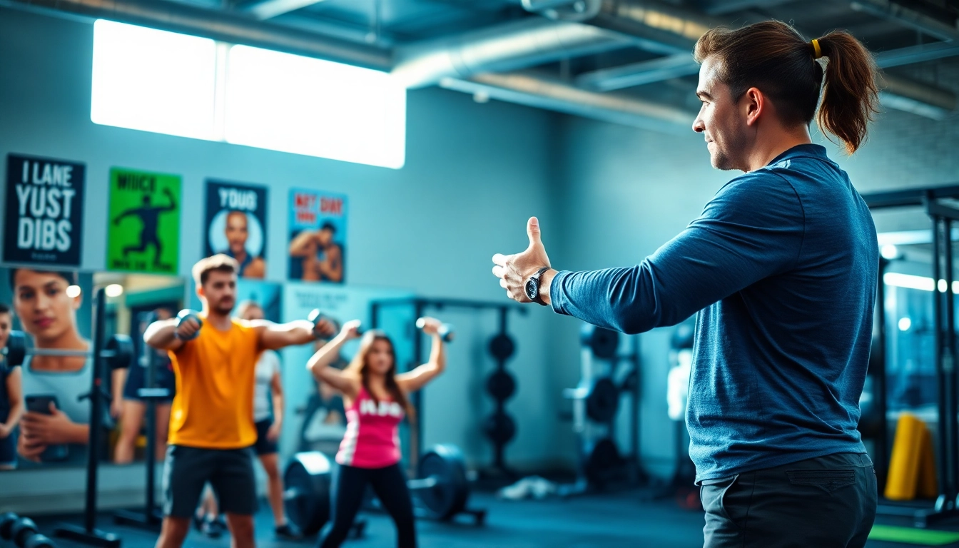 Train with a personal trainer in a vibrant gym setting, demonstrating fitness exercises effectively.