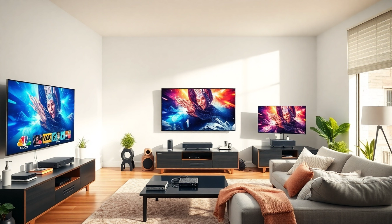 Comprar IPTV en una configuración de transmisión moderna en sala de estar centrada en múltiples pantallas.