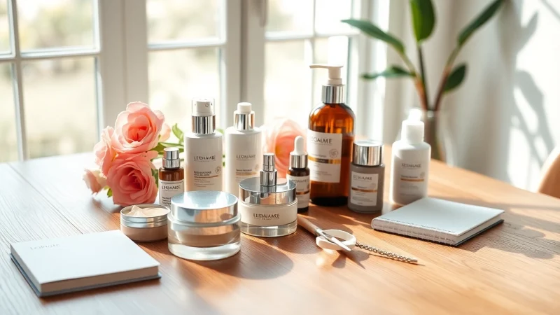 Showcase luxurious skincare collection featured on https://cosmeticsarenas.com with vibrant props and elegant styling.