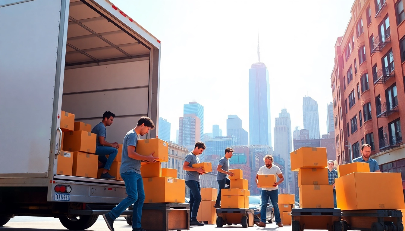 NYC movers efficiently loading boxes into a truck amidst the iconic skyline of New York City.