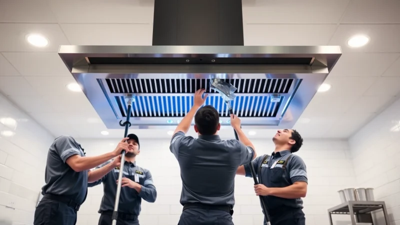 KITCHEN HOOD CLEANING SERVICE in dubai, professionals thoroughly cleaning a kitchen hood in a restaurant.