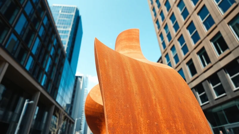 Acier corten sculpture dans un environnement urbain mettant en valeur la texture rouillée et la patine naturelle.