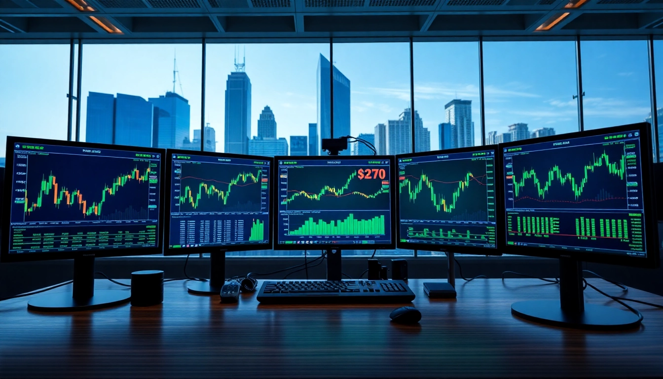 Engaging Forex trading desk setup showcasing dynamic currency charts and modern technology.