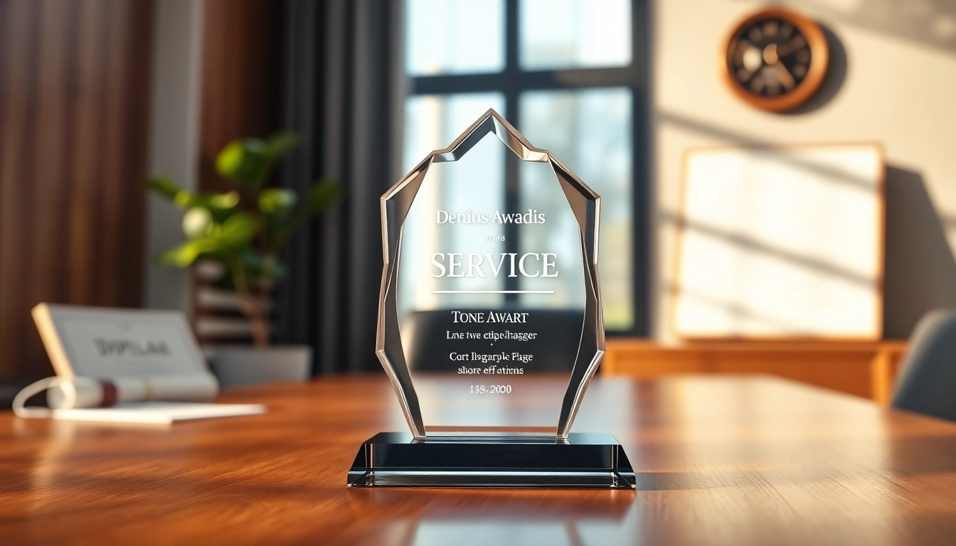 Celebrating service awards with a crystal trophy on a desk, symbolizing achievement and recognition.