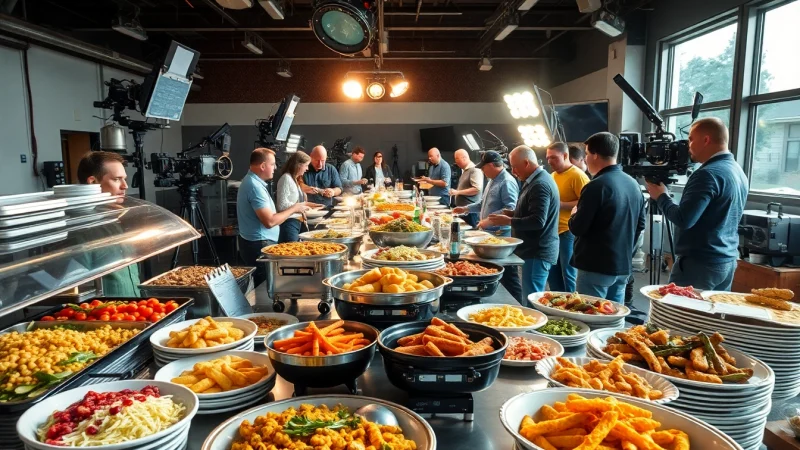Engaging Movie set catering Hamilton Ontario with gourmet buffet and crew enjoying meals.