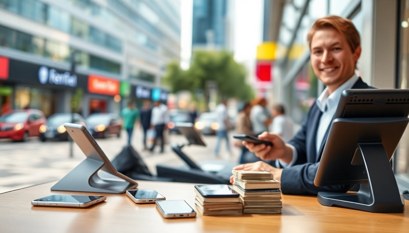 Customer receiving instant cash for phones in a friendly urban exchange.