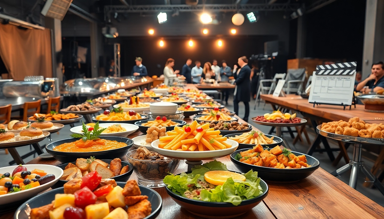 Movie set catering Hamilton Ontario showcasing an exquisite buffet table in a vibrant film set atmosphere.