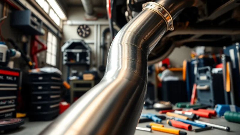 Showcasing a detailed Downpipe in an automotive workshop, emphasizing its sleek design and craftsmanship.