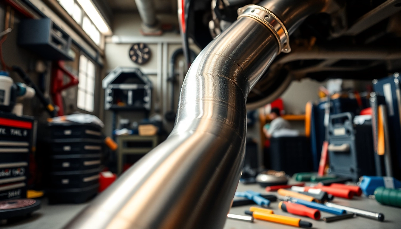 Showcasing a detailed Downpipe in an automotive workshop, emphasizing its sleek design and craftsmanship.