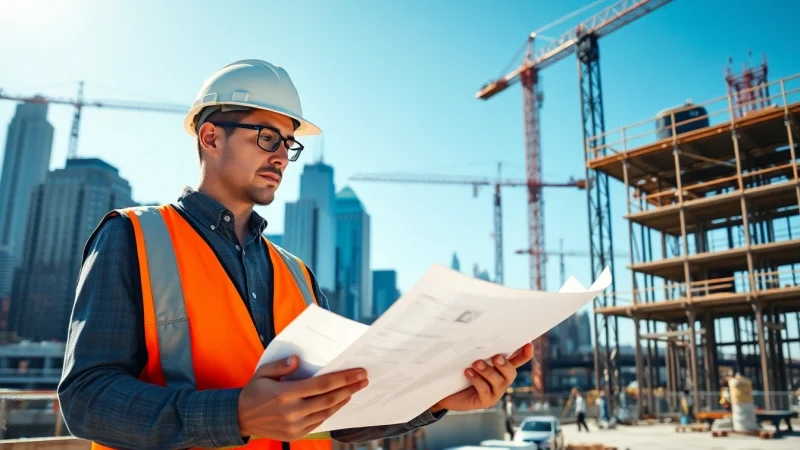 New York City Construction Manager analyzing construction plans in a bustling city environment.