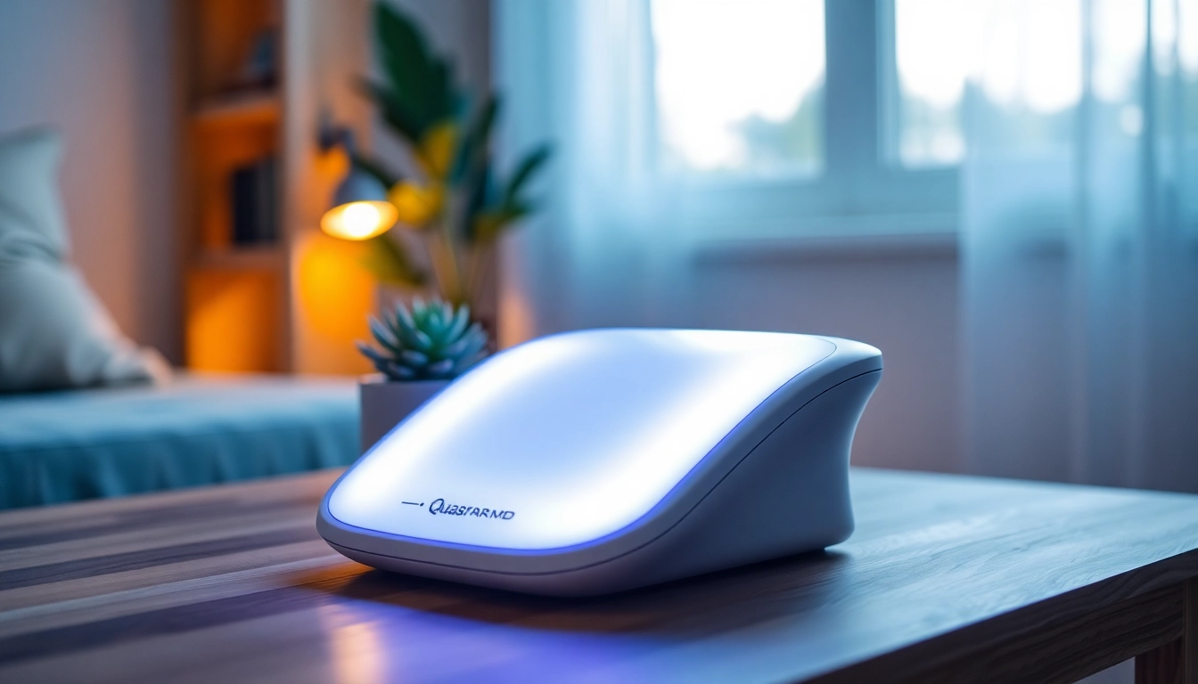 QuasarMD LED light therapy device illuminating a serene home setting with a modern design.