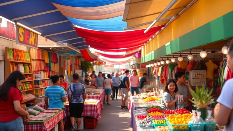 Explore diverse goods at ultimateshop featuring vibrant outdoor marketplace dynamics.