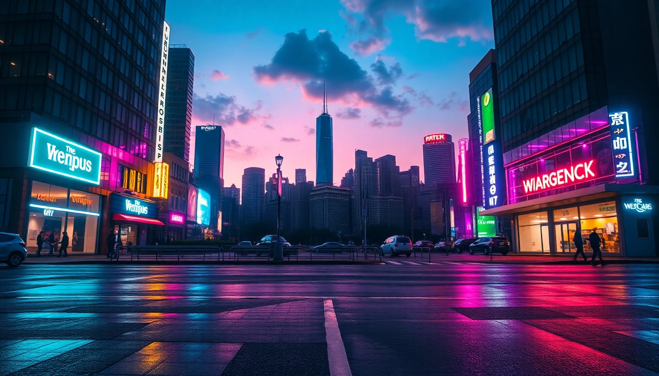 Showcasing vibrant city nightlife with neon lights for OK 9's urban design.