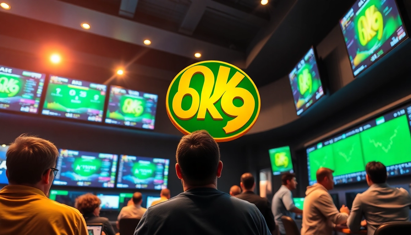 Experience the thrill of OK 9 sports betting with lively bettors in a modern lounge.