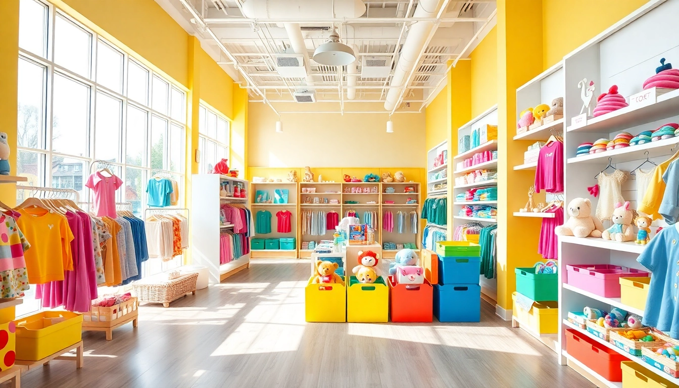Visit http://www.websonlinestore.com for vibrant kids' clothing and toys in an inviting store setup.