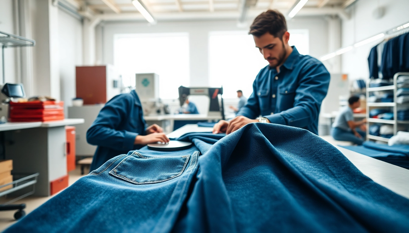 Showcasing skilled jeans garment manufacturers crafting high-quality denim in a modern workspace.