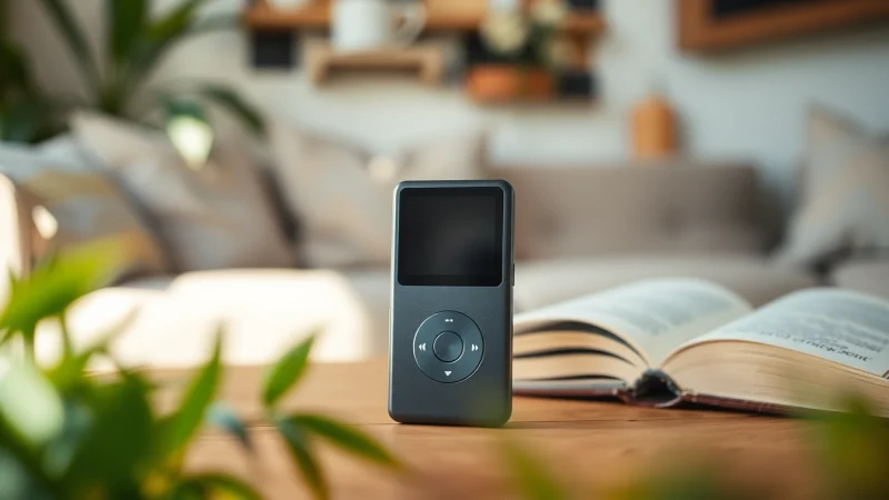 Explore the features of https://hardwareplayer.com with this sleek MP3 player amidst a cozy setting.