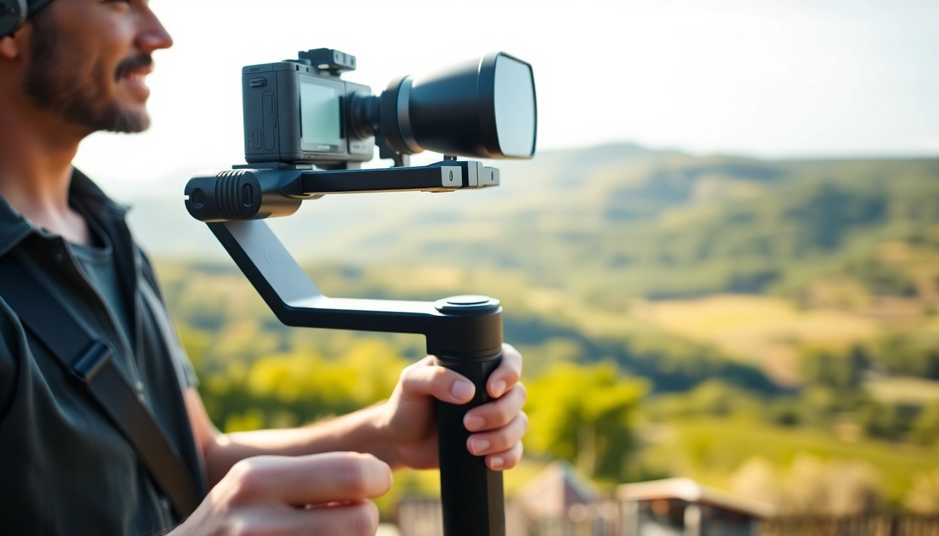 Videographer using a gimbal stabilizer to capture smooth footage in a natural outdoor setting.