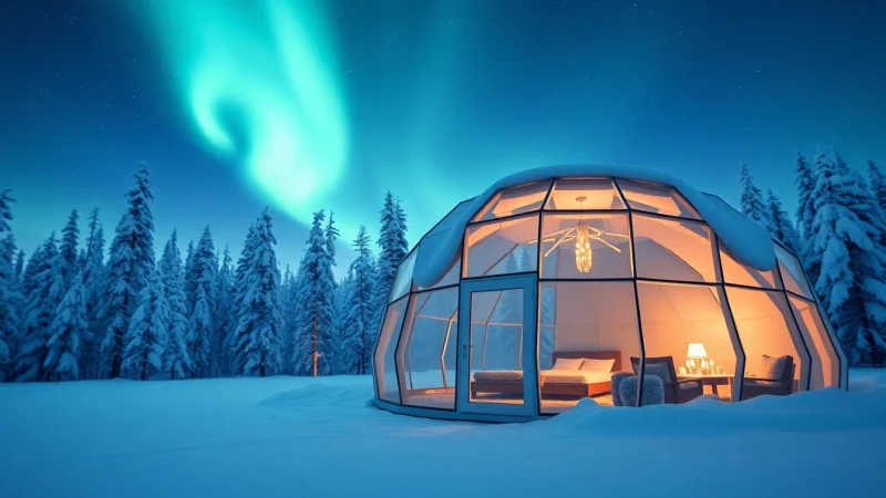 Admire the magical Igloo hotel finland under the Northern Lights in a tranquil winter landscape.