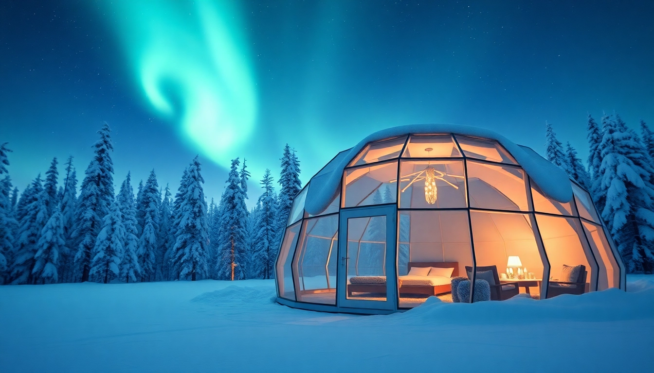 Admire the magical Igloo hotel finland under the Northern Lights in a tranquil winter landscape.