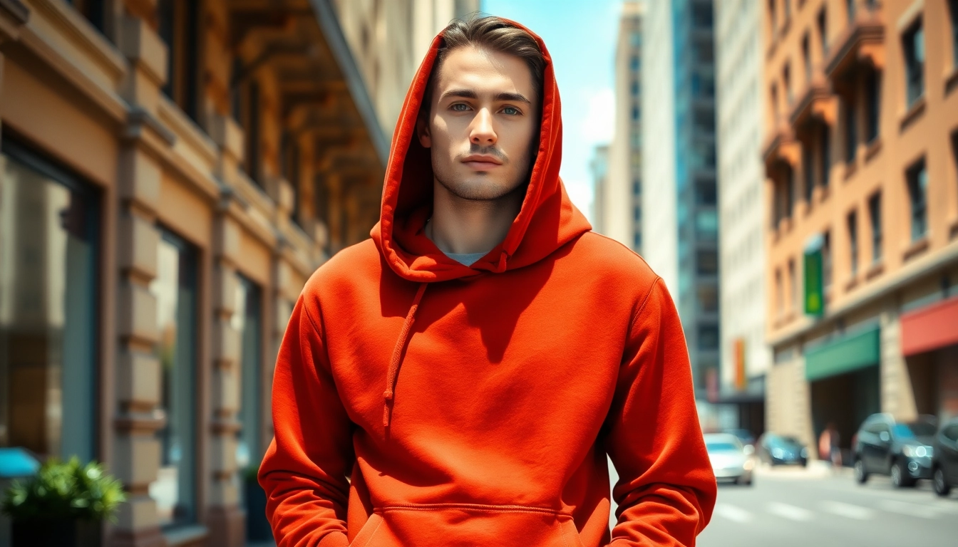 Stylish model showcasing blank hoodies in an urban outdoor setting with vibrant city background.