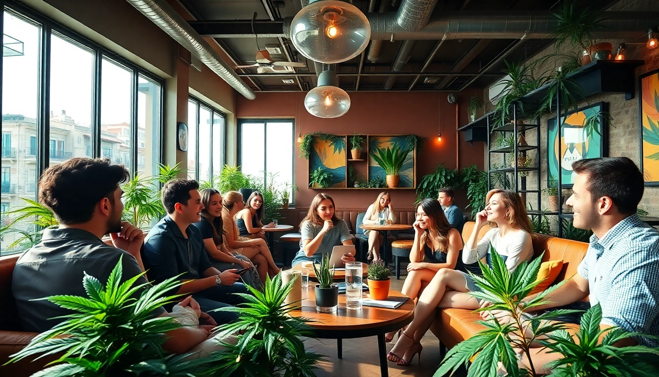 Join the vibrant community at https://cannabisbcn.com cannabis club in Barcelona, showcasing happy members socializing.
