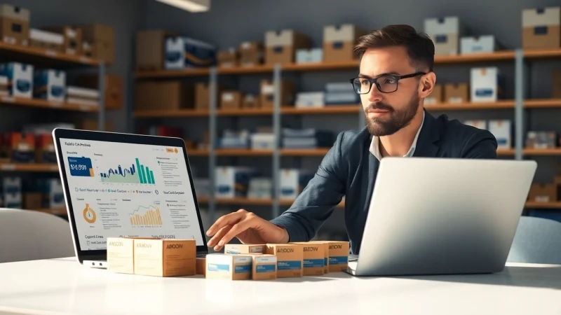 Business professional managing inventory for amazon wholesale in a modern office setup.