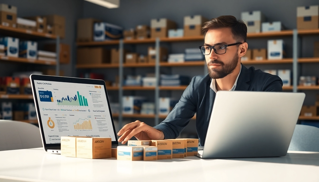 Business professional managing inventory for amazon wholesale in a modern office setup.