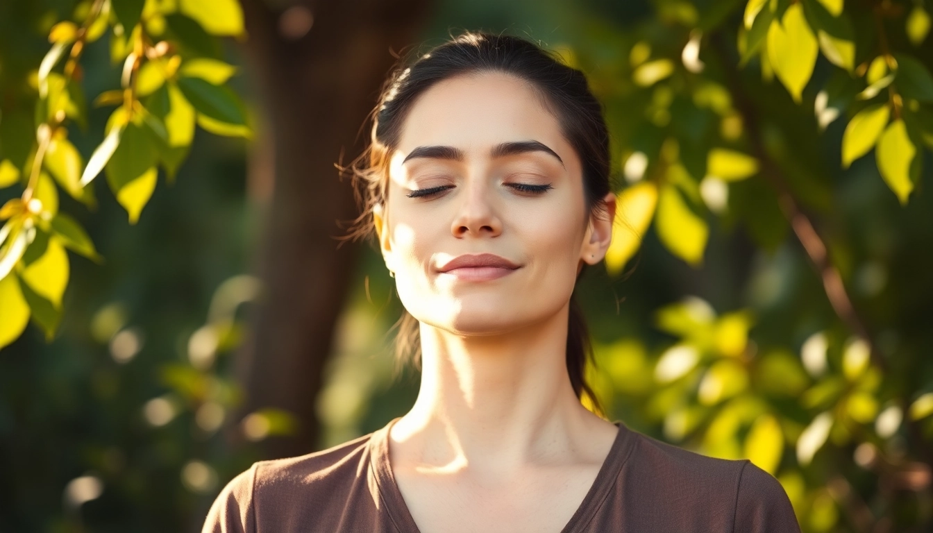 Practicing mindfulness to aid dealing with stress in a peaceful outdoor environment.
