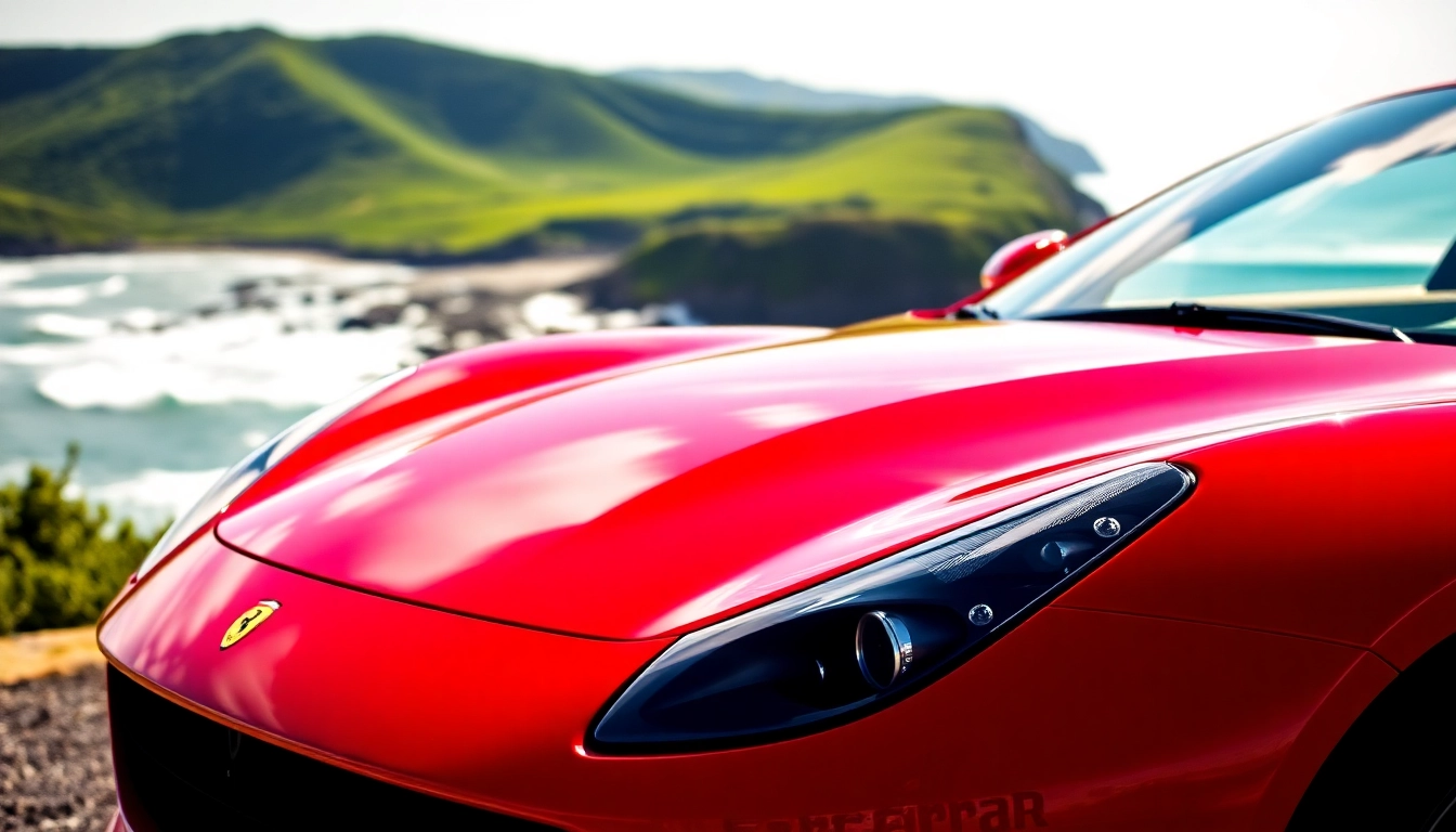 Used Ferrari for sale near Durban parked by the ocean, showcasing its luxury design and vibrant color.