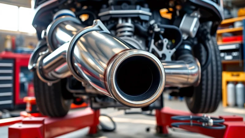 Downpipe showcasing its metallic texture and details in an automotive workshop setting.