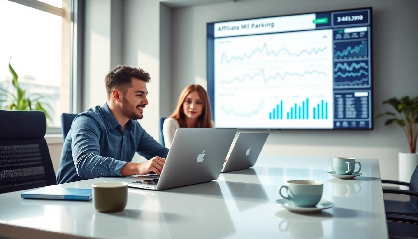 Team analyzing affiliate ranking data in a modern office for strategic insights.
