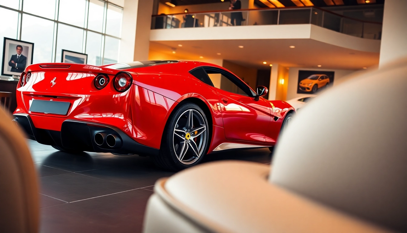 Showcase of a Used Ferrari Cape Town in a luxury showroom highlighting its design features.