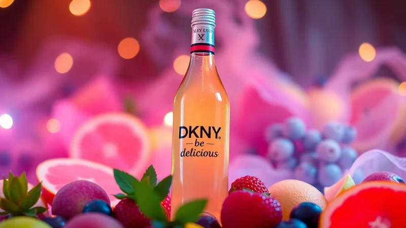 Descubre el seductor aroma de dkny be delicious mientras exploras su elegante botella en un entorno frutal atractivo.