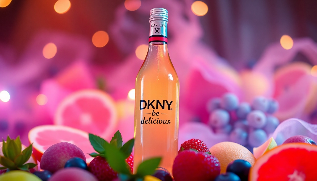 Descubre el seductor aroma de dkny be delicious mientras exploras su elegante botella en un entorno frutal atractivo.