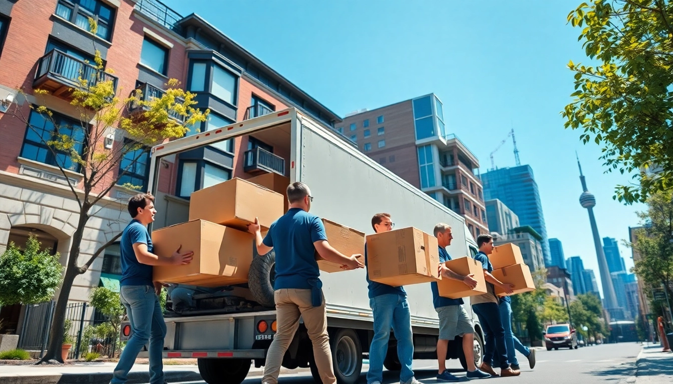 Professional movers from moving companies in Toronto Ontario lifting boxes in a bustling urban setting.