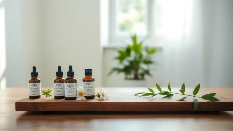 CBD-Produkte auf einem Holztisch ansprechend präsentiert, umgeben von natürlichem Licht.