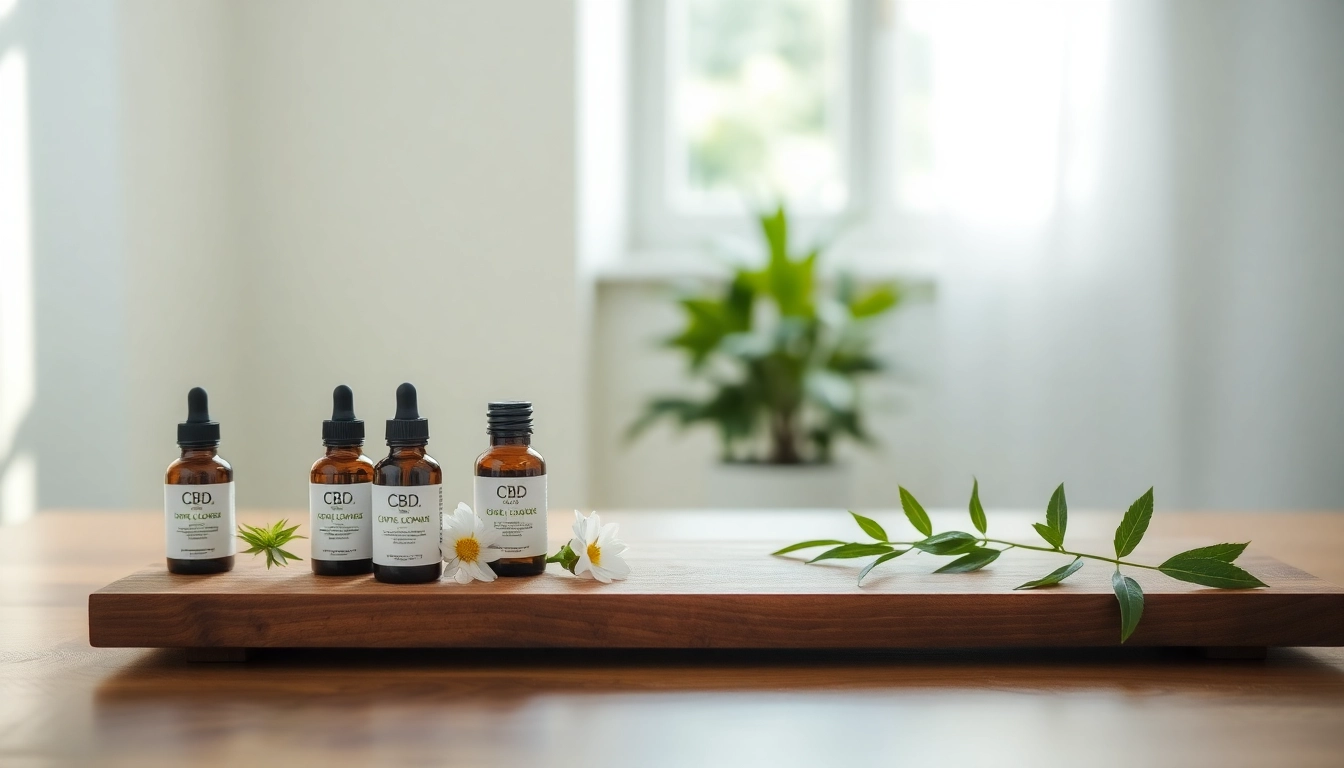 CBD-Produkte auf einem Holztisch ansprechend präsentiert, umgeben von natürlichem Licht.