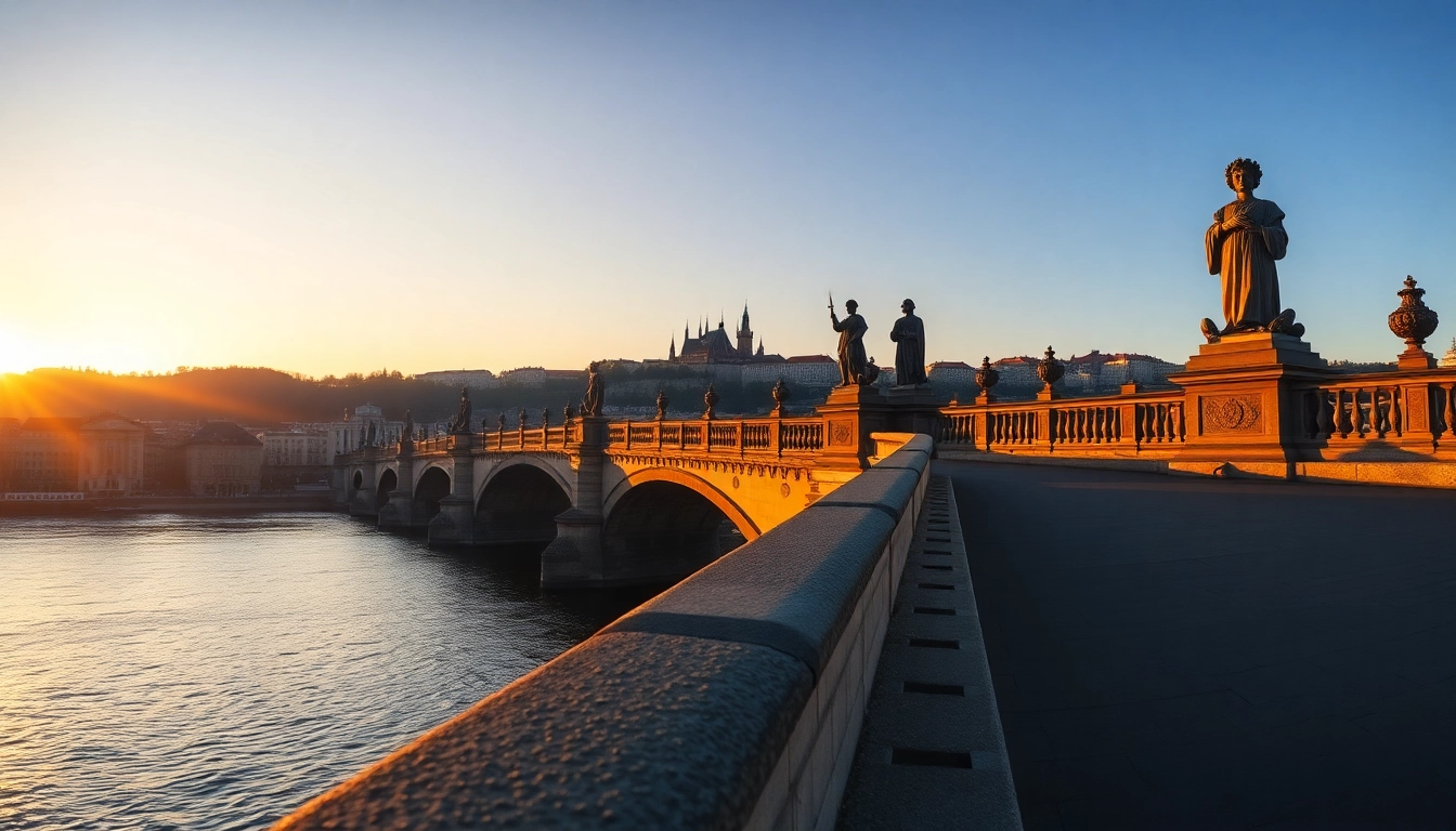 View of Charles Bridge Prague with statues under sunrise lighting