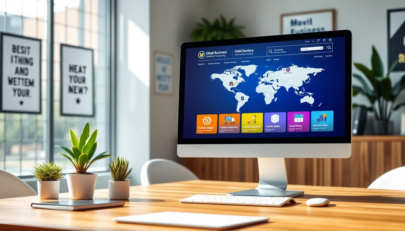 Explore the global business directory interface showcasing diverse industry sectors on a modern computer.