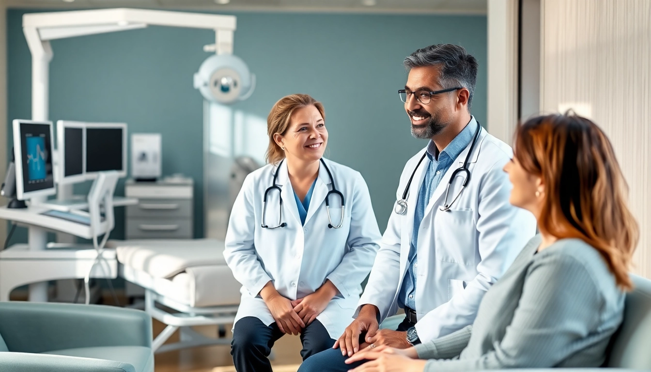 Engaging las vegas concierge doctors discussing health in a modern, welcoming clinic environment.