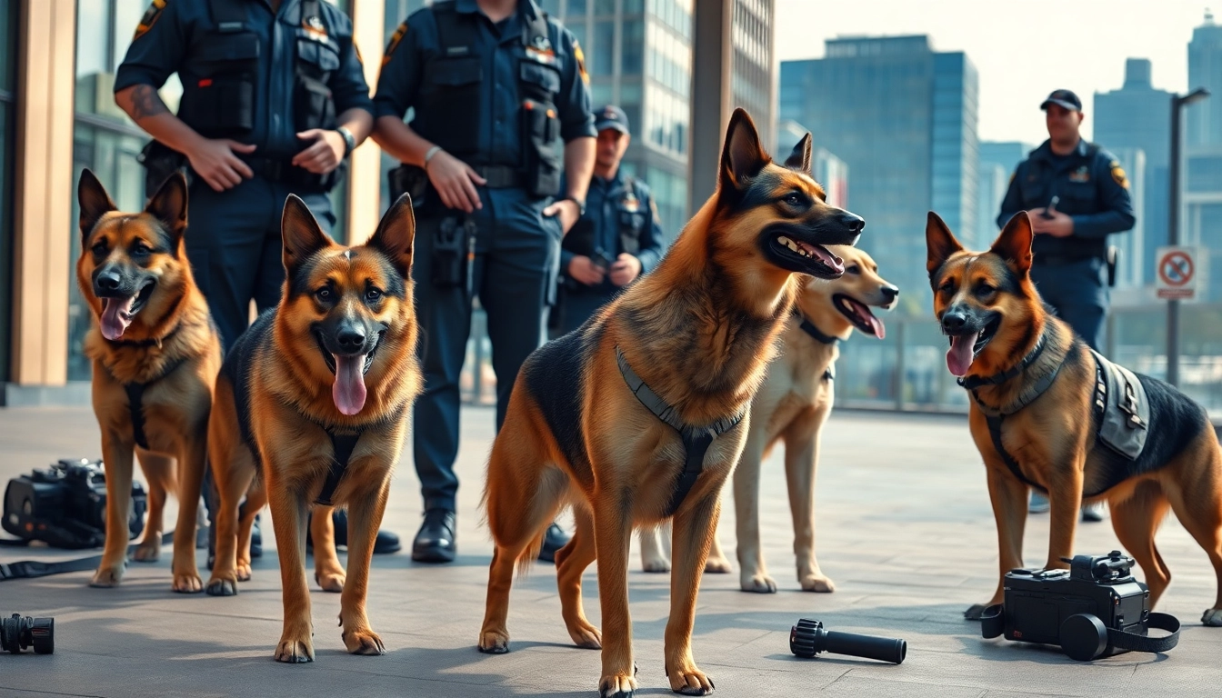 Security Dogs standing alert with their handlers in an urban environment, displaying training and focus.