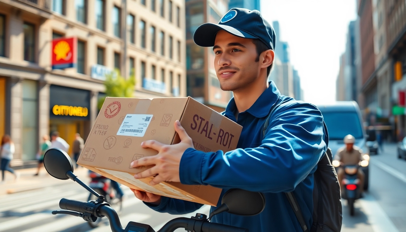 Courier delivering packages in a vibrant cityscape, emphasizing same day courier services.