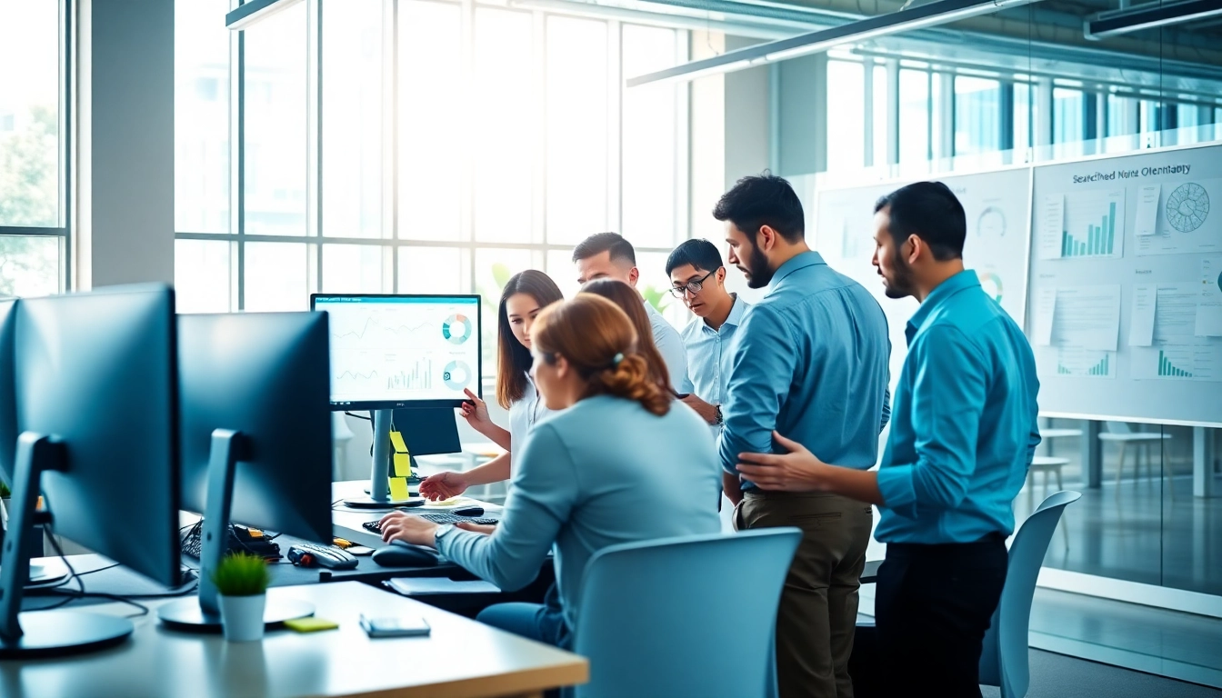 Engaged team of a search optimization company analyzing data trends in a bright office.