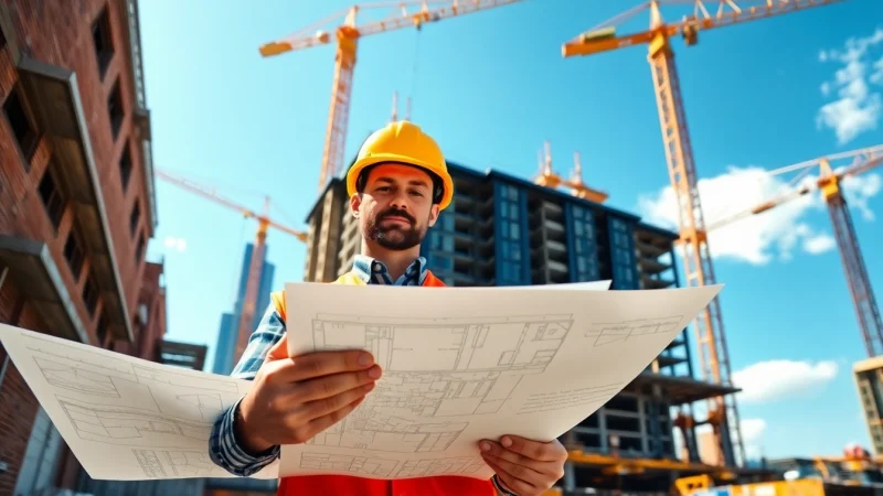 New York Construction Manager analyzing plans while overseeing a skyscraper construction site.