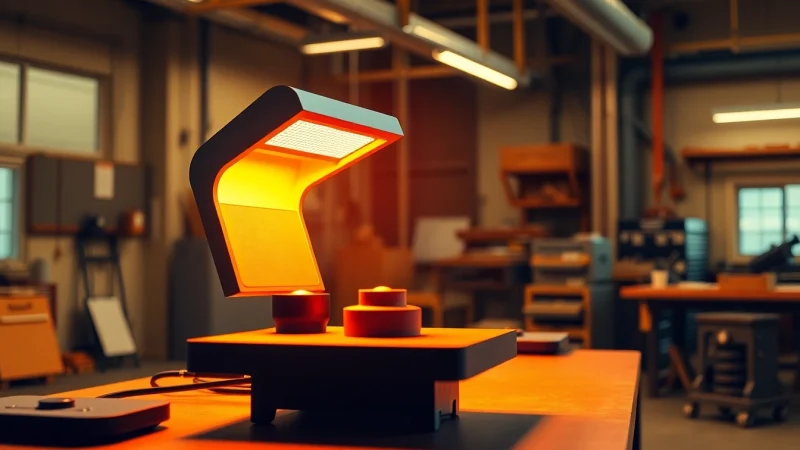 An infrared heating lamp efficiently warms surfaces in an industrial setup, showcasing its modern design.