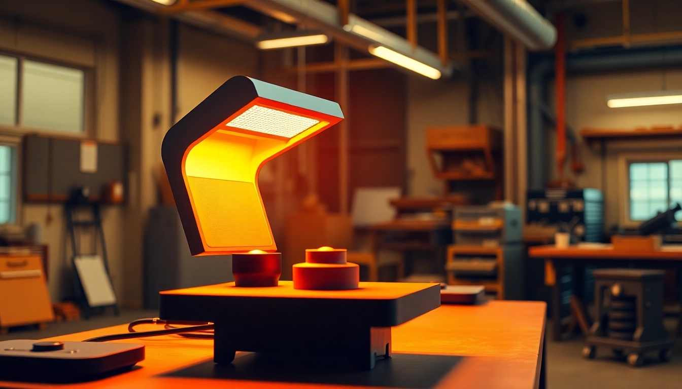 An infrared heating lamp efficiently warms surfaces in an industrial setup, showcasing its modern design.