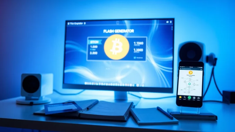 Bitcoin flash free download software interface on a sleek computer setup with cryptocurrency charts.