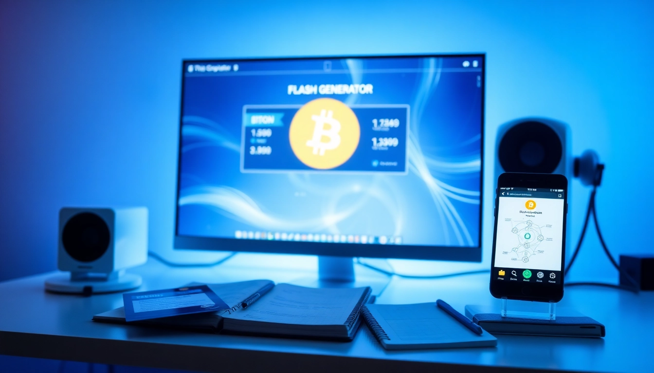 Bitcoin flash free download software interface on a sleek computer setup with cryptocurrency charts.